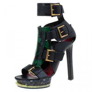 Alexander McQueen Black Leather Plexi Plaque Strappy Platform Sandals 39