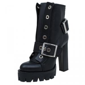 Pre Owned Alexander McQueen Black Leather Buckled Combat Boots Size 40
