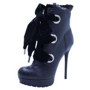 Pre Owned Alexander McQueen Black Leather and Velvet Lace Up Platform Ankle Boots Size 38