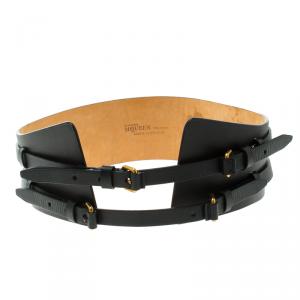 Pre Owned Alexander McQueen Black Leather Wide Waist Belt 85CM