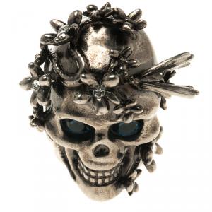 Pre Owned Alexander McQueen Crystal Flower Skull & Butterfly Silver Tone Chunky Ring Size 51