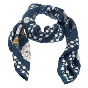Pre Owned Alexander McQueen Navy Blue Jeweled Skull Print Square Silk Scarf