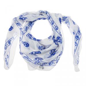 Alexander McQueen White and Blue Skull Silk Chiffon Scarf