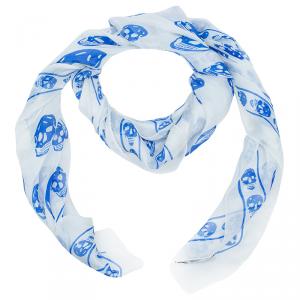 Pre Owned Alexander McQueen White and Blue Modal Cashmere Skull Kefia