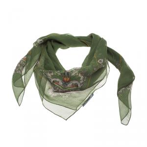 Pre Owned Alexander McQueen Green Floral Skull Silk Square Scarf