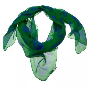 Pre Owned Alexander McQueen Blue Skull Printed Green Silk Chiffon Scarf