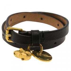 Pre Owned Alexander McQueen Black Leather Gold Tone Skull Charm Double Wrap Bracelet