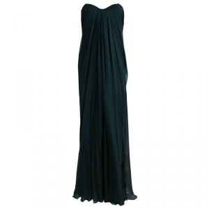 Pre Owned Alexander McQueen Green Draped Silk Strapless Gown M