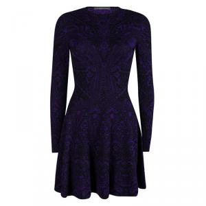 Alexander McQueen Purple Floral Jacquard Knit Long Sleeve Flared Dress S