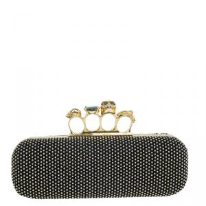 Pre Owned Alexander McQueen Black Studded Suede Skull Knuckle Box Clutch