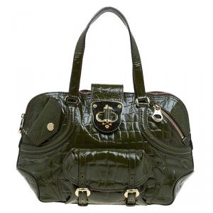Pre Owned Alexander Mcqueen Olive Green Crocodie Embossed Flapper Satchel
