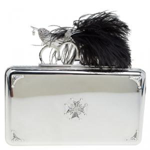 Pre Owned Alexander McQueen Silver Metal Bird with Feather Ring Knuckle Case