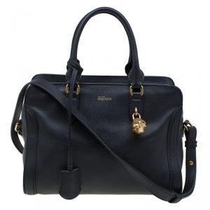 Pre Owned Alexander McQueen Black Grained Leather Padlock Tote