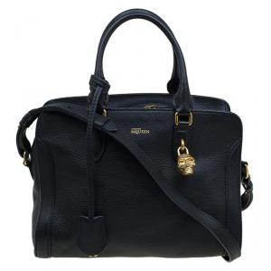 Pre Owned Alexander McQueen Black Grained Leather Padlock Tote