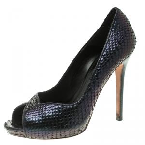 Pre Owned Alexander McQueen Two Tone Python Metallic Leather Peep Toe Platform Pumps Size 38