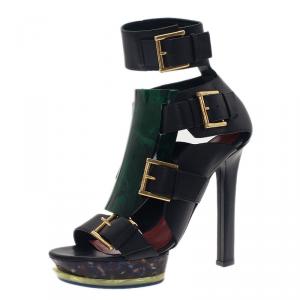 Alexander McQueen Black Plexi Plaque Strappy Platform Sandals Size 38