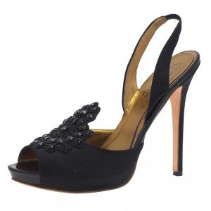 Alexander McQueen Black Satin Embellished Peep Toe Slingback Sandals Size 40