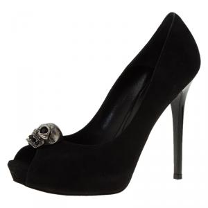 Pre Owned Alexander McQueen Black Suede Skull Peep Toe Pumps 37