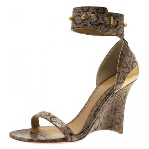 Alexander McQueen Beige Python Studded Ankle Strap Wedge Sandals Size 38
