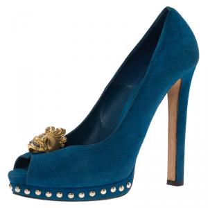 Pre Owned Alexander McQueen Blue Suede Skull Embellished Peep Toe Pumps Size 39.5