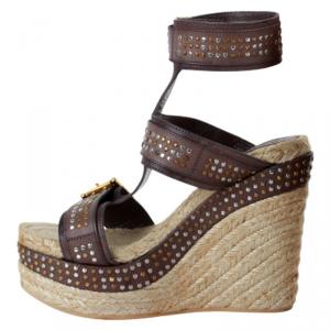 Alexander McQueen Brown Studded Leather Ankle Strap Espadrille Wedge Size 37