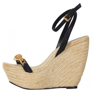 Pre Owned Alexander McQueen Black Leather Chain Skull Ankle Strap Espadrille Wedges Size 37.5