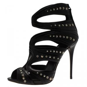 Pre Owned Alexander McQueen Black Leather Studded Cutout Sandals Size 38
