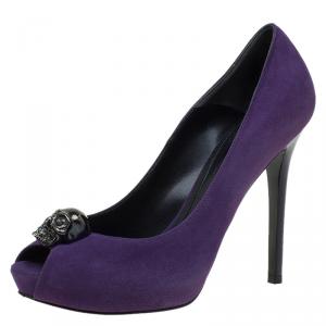 Pre Owned Alexander McQueen Purple Suede Skull Embellished Peep Toe Pumps Size 37