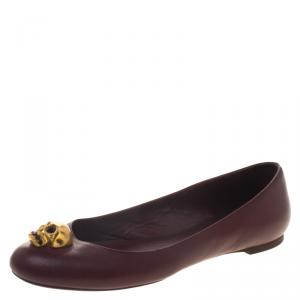 Pre Owned Alexander McQueen Maroon Leather Skull City Ballet Flats Size 38
