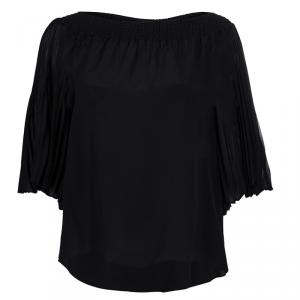 Pre Owned Alice + Olivia Black Silk Smocked Pleated Sleeve Detail Off Shoulder Blouse S