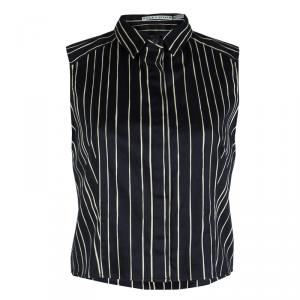 Alice + Olivia Black Striped Sleeveless Cotton Blouse L