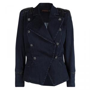 Alice + Olivia Indigo Distressed Denim Embellished Double Breasted Jacket L