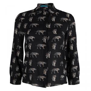 Alice + Olivia Black Tiger Printed Sheer Silk Cropped Shirt XS
