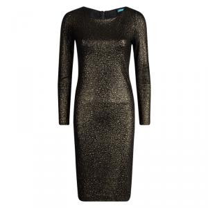 Alice + Olivia Textured Gold Knit Sheer Back Detail Long Sleeve Dress M