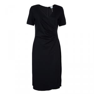 Armani Collezioni Black Knit Ruched Short Sleeve Overlap Dress M