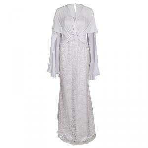 Badgley Mischka Purple Lace Shoulder Drape Detail Strapless Gown M