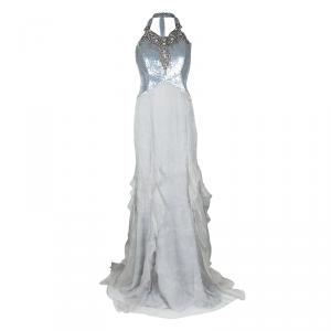 Badgley Mischka Couture Silver Embellished Silk T Back Ruffle Bottom Gown S 