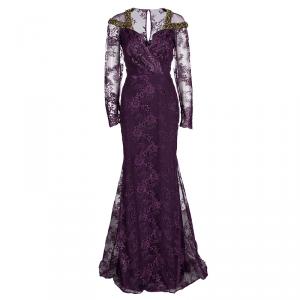 Badgley Mischka Couture Purple Lace  Embellished Shoulder Detail Long Sleeve Gown M