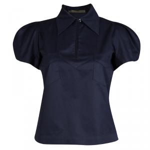 Balenciaga Navy Blue Puffed Sleeve Cotton Top M