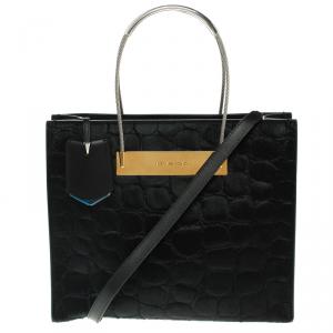 Pre Owned حقيبة يد بالنسياغا كيبل شوبر شعر عجل نقش تمساح سوداء