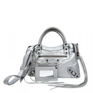 Pre Owned Balenciaga Silver Lambskin Leather Motorcycle Town Bag