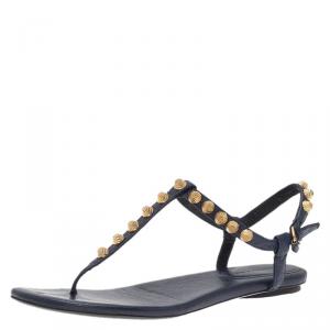 Balenciaga Blue Studded Leather Arena Thong Sandals Size 38.5