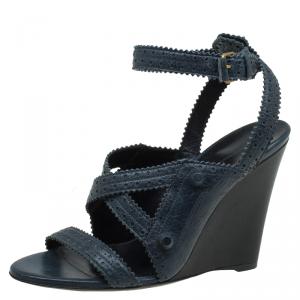 Balenciaga Teal Blue Leather Brogue Arena Ankle Strap Wedge Sandals Size 39