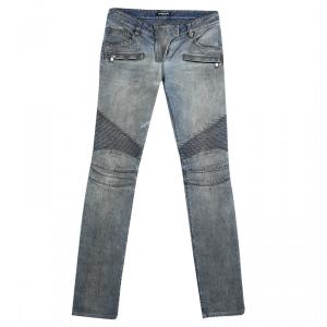 Balmain Grey Washed Denim Pintucked Panel Zip Detail Skinny Jeans S