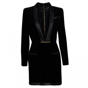Balmain Black Velvet Blazer Style Plunge Neck Dress M