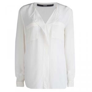 Pre Owned Boss By Hugo Boss Off White Silk Front Detail Long Sleeve Top M