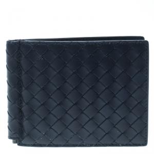 Pre Owned Bottega Veneta Black Intrecciato Leather Money Clip Bifold Wallet