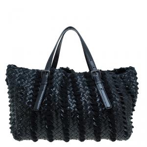 Pre Owned Bottega Veneta Limited Edition Black Stingray Woven Lido Medium Tote