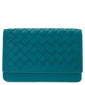 Pre Owned Bottega Veneta Turquoise Intrecciato Leather Card Holder