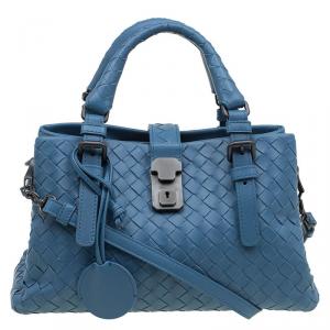 Pre Owned Bottega Veneta Nanking Blue Intrecciato Leather Small Roma Tote